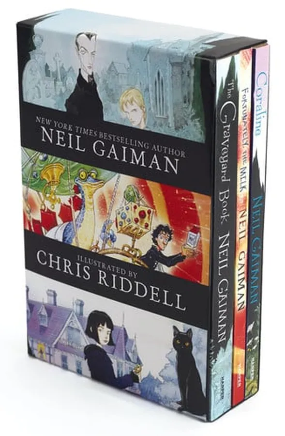 Cover of Neil Gaiman/Chris Riddell 3-Book Box Set Coraline; The Graveyard Book; Fortunately, the Milk