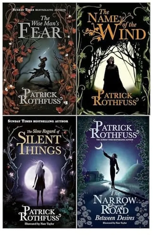 Cover of Kingkiller Chronicle Collection 4 Books Set by Patrick Rothfuss (The Name of the Wind, The Wise Man’s Fear, The Slow Regard of Silent Things and The Narrow Road Between Desires)