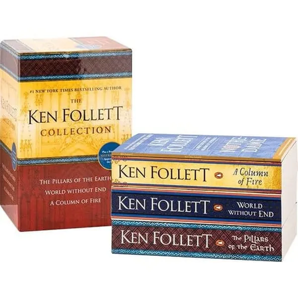 Cover of The Ken Follett Collection - Three Book, Boxed Set (With Bonus Book). "The Pillars of the Earth", "World Without End", "A Column of Fire", and "Notre Dame".