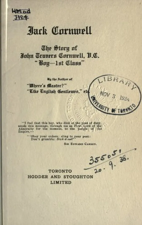 Cover of Jack Cornwell: The Story of John Travers Cornwell, V.C., Boy - 1st Class. By the Author of Where's Master?