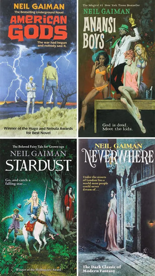 Cover of Neil Gaiman 4 Books Collection Set (Neverwhere, Stardust, Anansi Boys, American Gods)