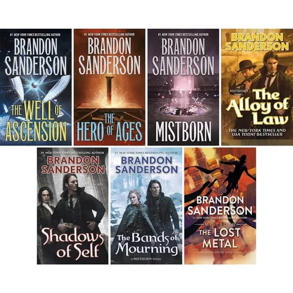 Cover of Mistborn 7 Books Collection Set by Brandon Sanderson (Final Empire, Well of Ascension, Hero of Ages, Band of Mourning, Alloy of Law, Shadows of Self & the Lost Metal)