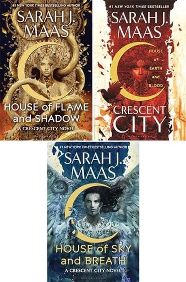 Cover of Crescent City Series Set of 3 Books. House of Earth and Blood (paperback), House of Sky and Breath (paperback) and House of Flame and Shadow (hardcover)