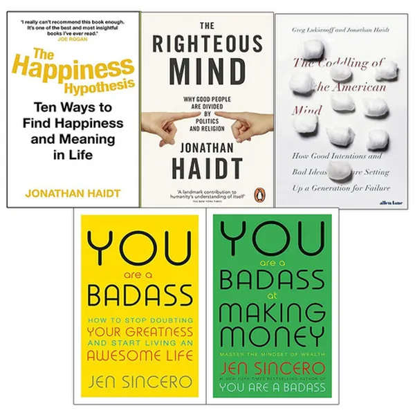Cover of Happiness hypothesis, the righteous mind, coddling of the american mind, you are a badass at making money 5 books collection set