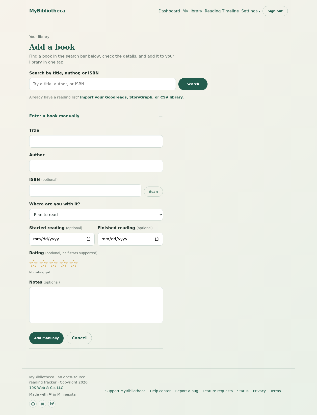 MyBibliotheca Add a book page with search fields and the manual entry form open