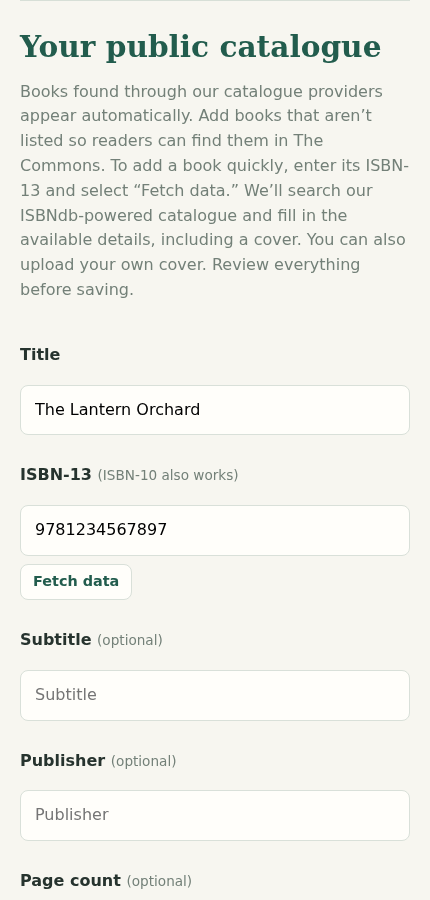 MyBibliotheca author profile editor showing the public catalogue form with ISBN lookup and book details
