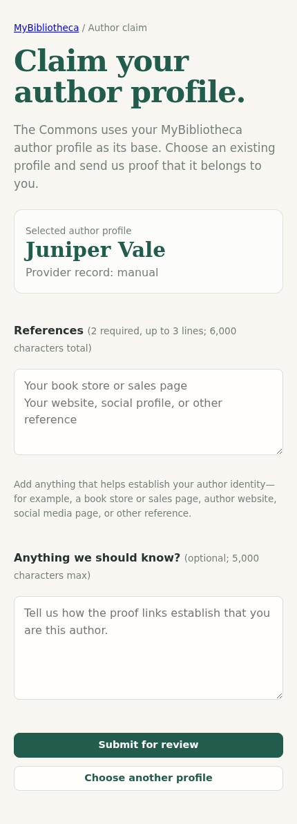 MyBibliotheca author claim form for a selected author profile, with references and review note fields