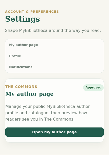 MyBibliotheca Settings page with the approved My author page card and Open my author page button