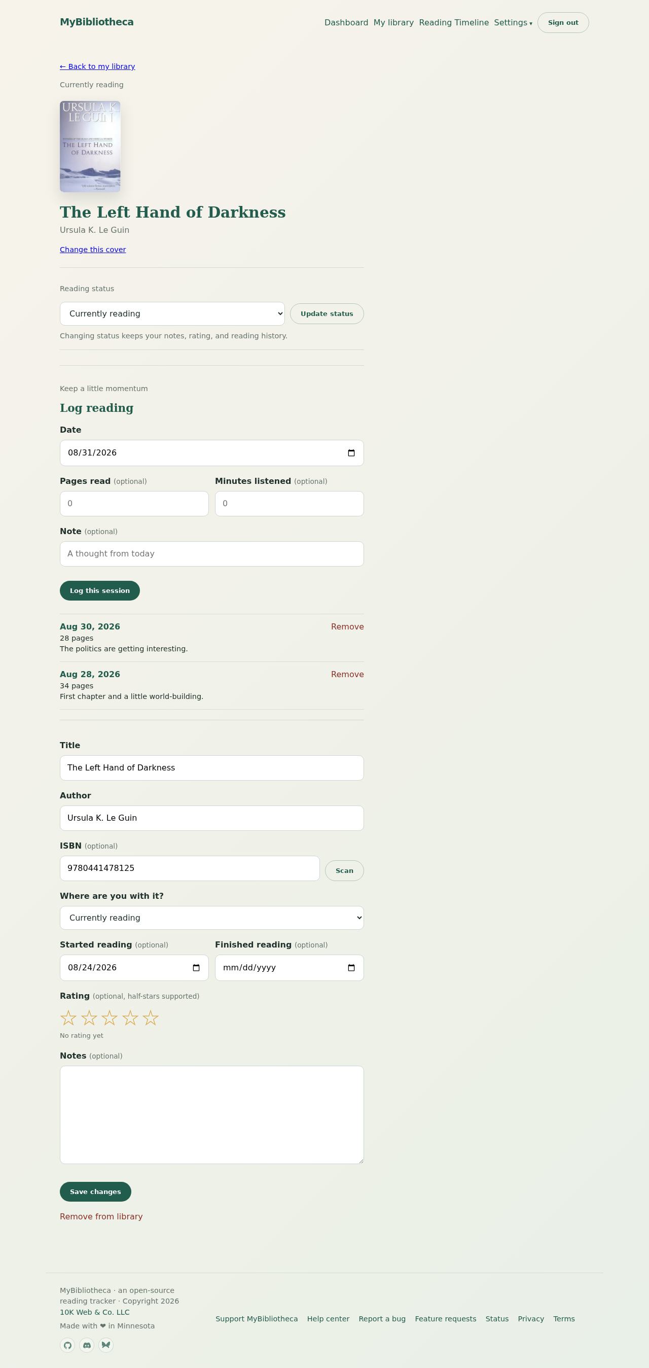 MyBibliotheca book detail page showing reading log, editable metadata, dates, rating, and notes