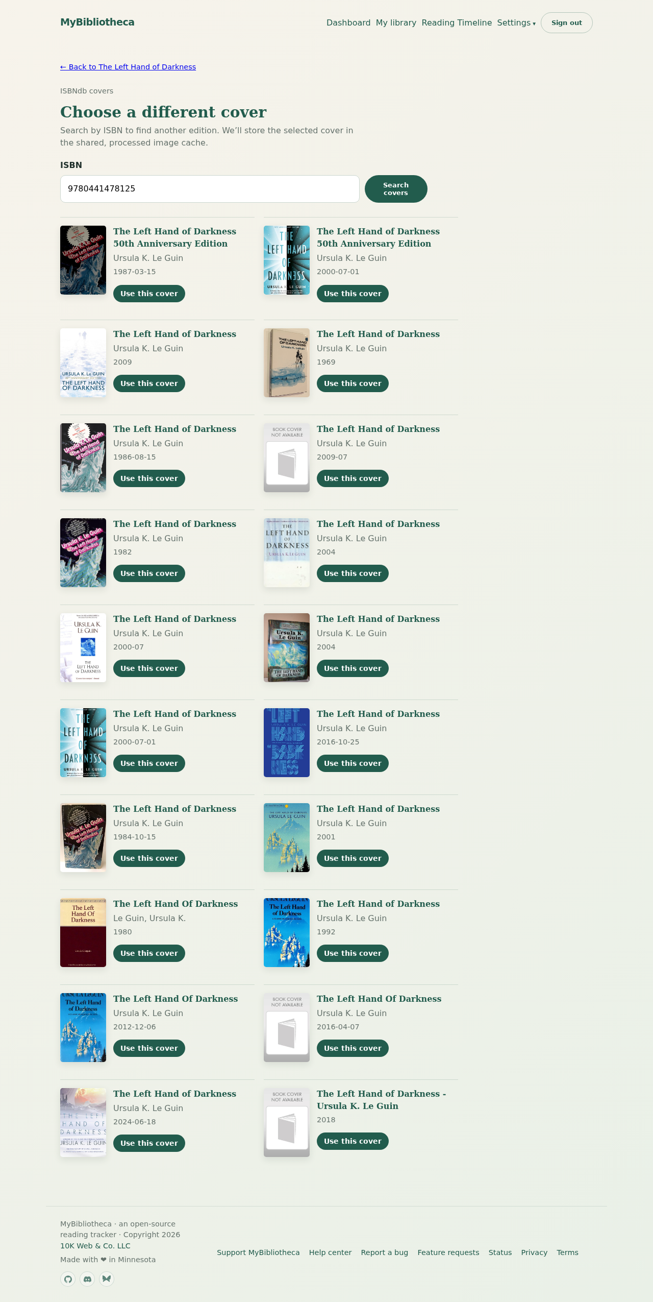 MyBibliotheca alternate cover search showing ISBN results and Use this cover buttons