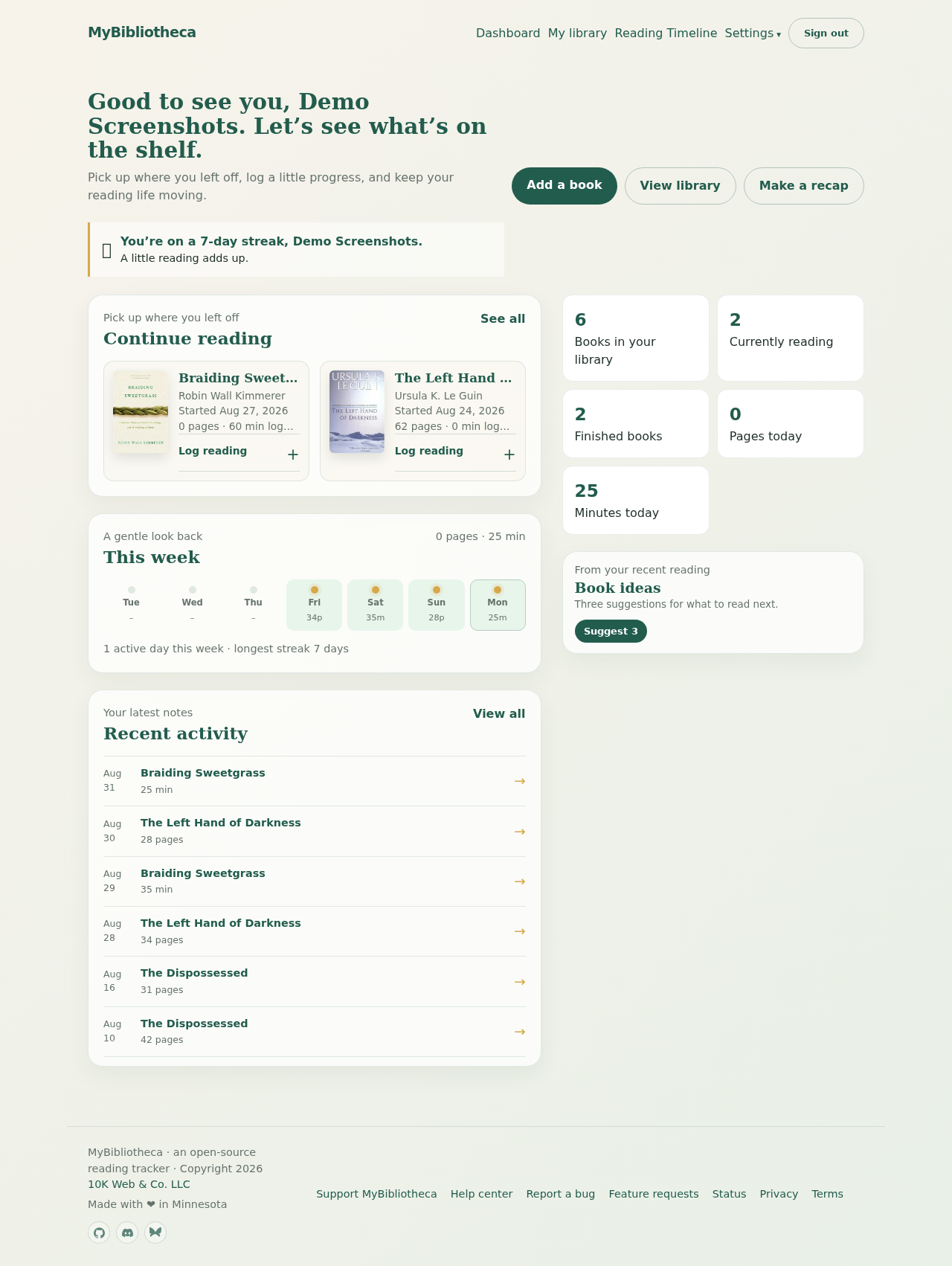 MyBibliotheca dashboard with continue reading cards, a streak banner, and reading totals