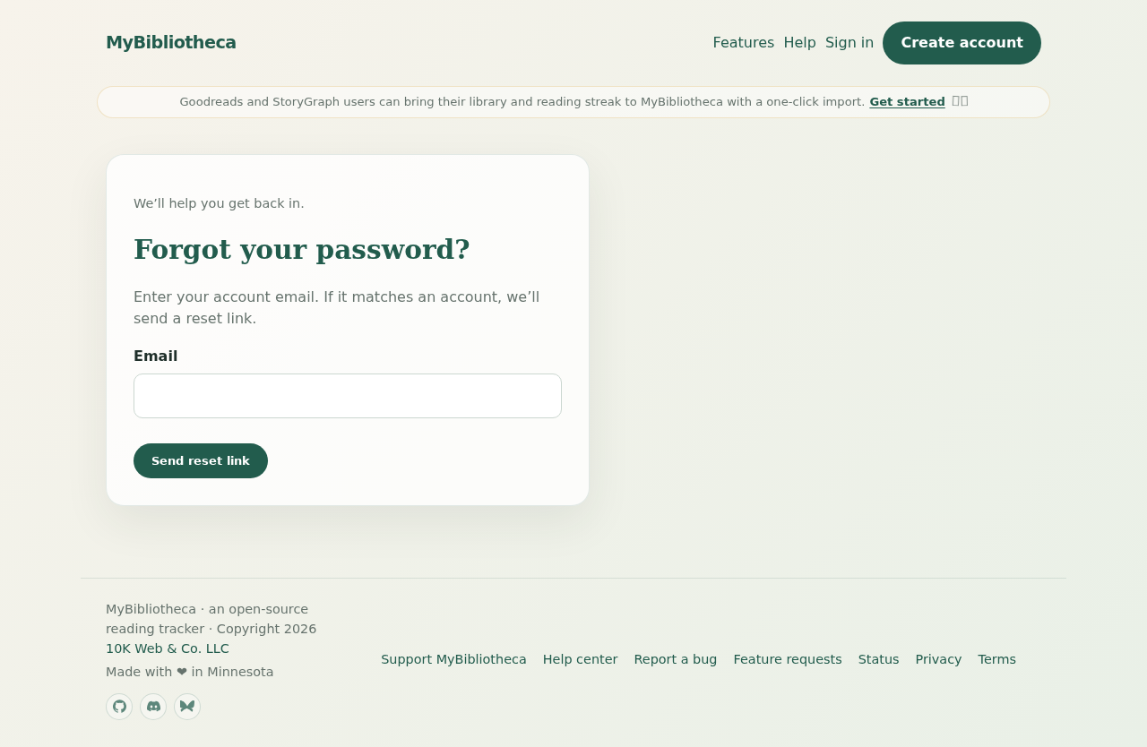 MyBibliotheca Forgot your password page with an email field and Send reset link button