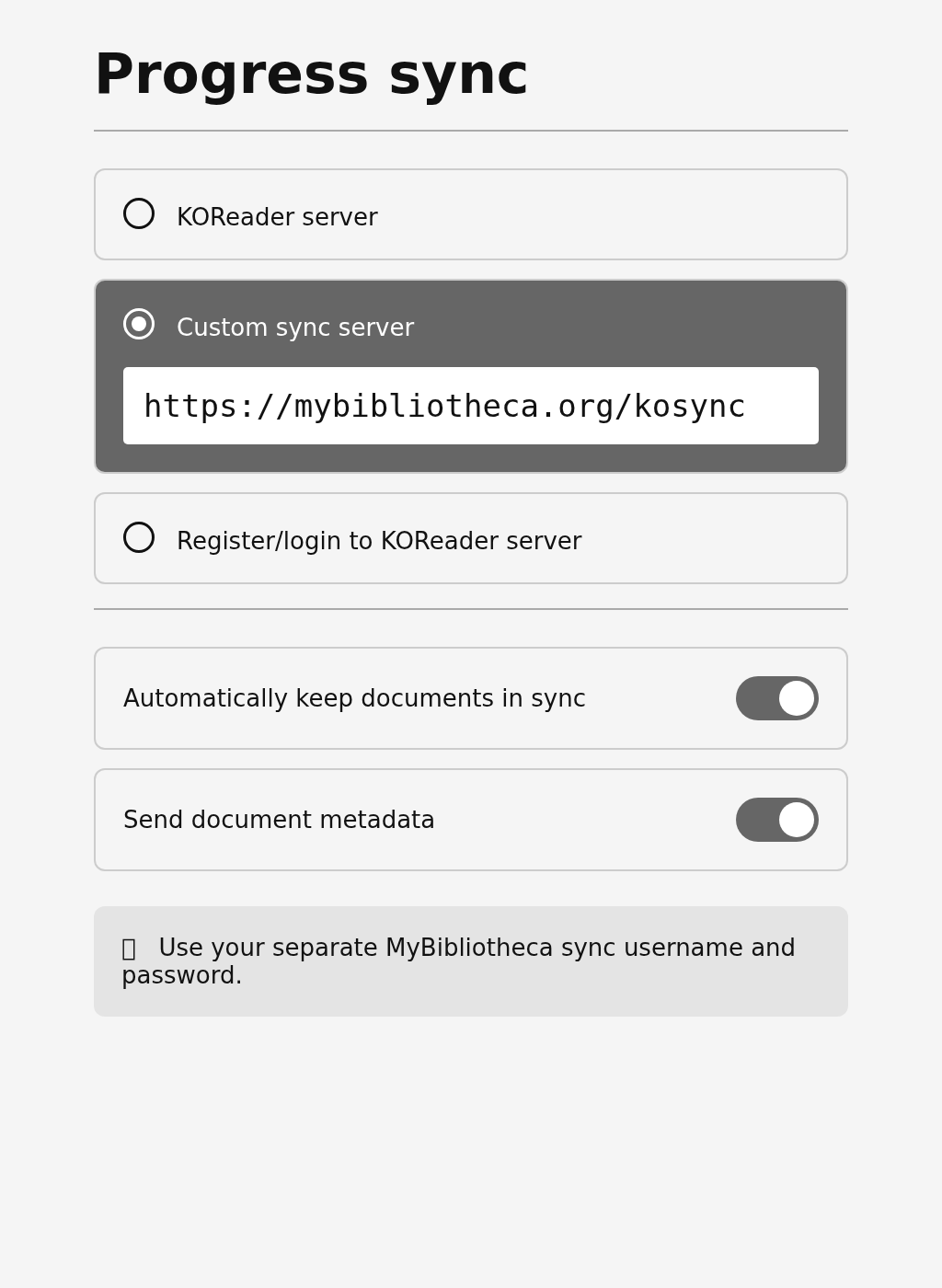 KOReader Progress sync screen showing the MyBibliotheca custom server URL, automatic document sync, and document metadata enabled