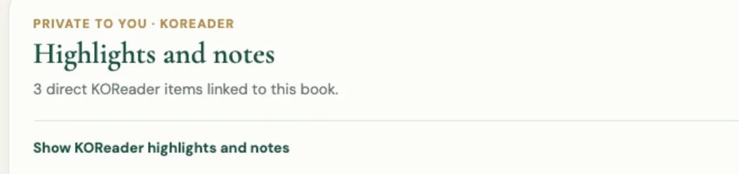 MyBibliotheca book detail page showing the private Highlights and notes section and linked KOReader item count