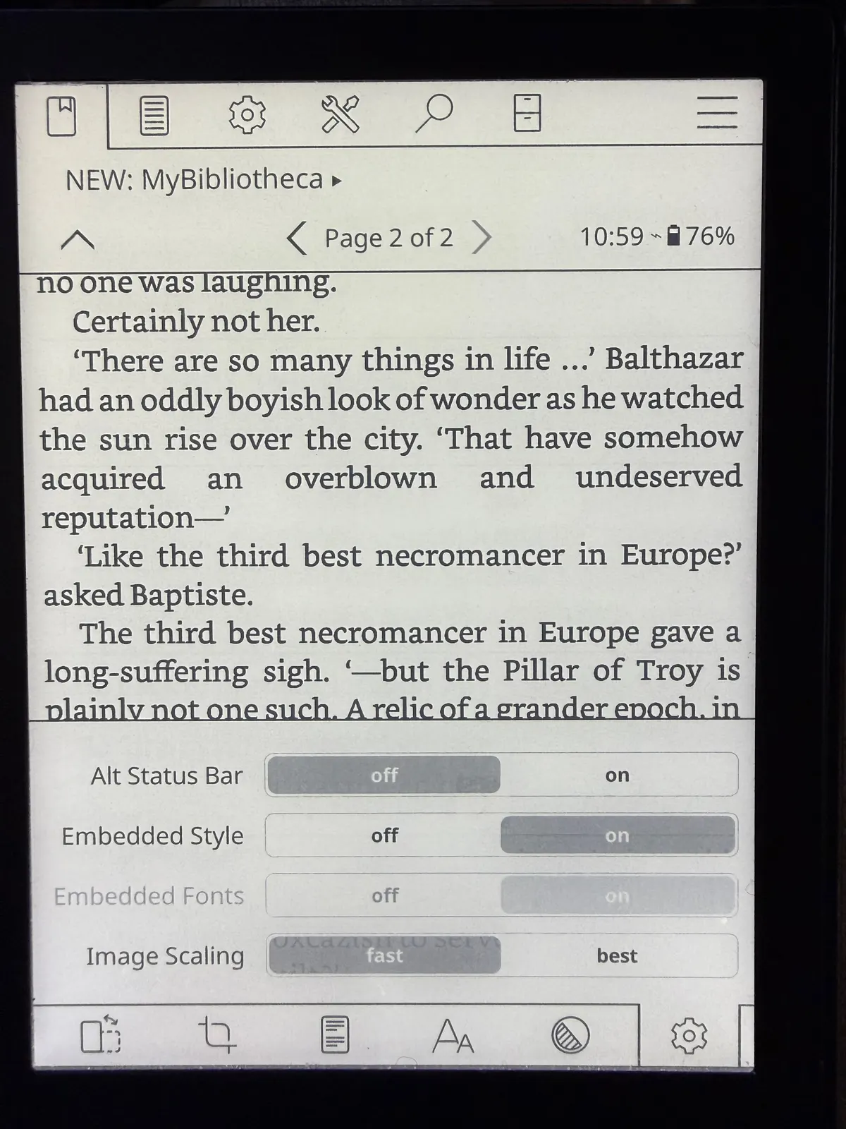 KOReader showing the MyBibliotheca plugin entry and its available actions