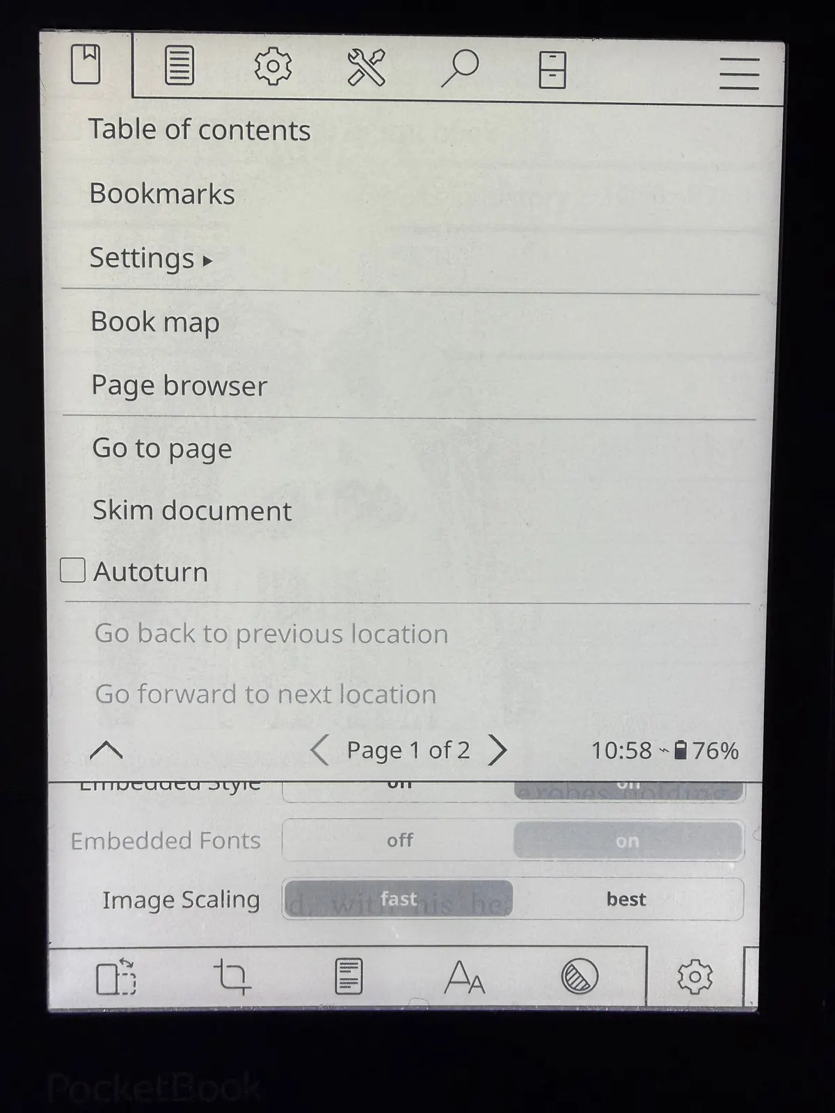 KOReader reader menu with its tools and settings controls visible
