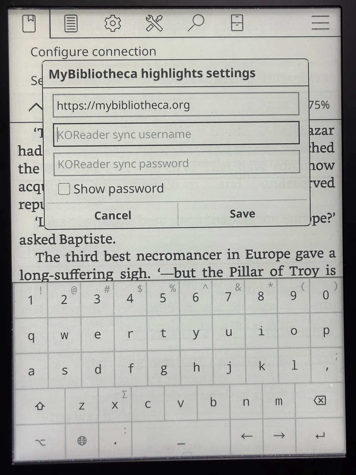 KOReader MyBibliotheca highlights plugin action for sending annotations from the current book