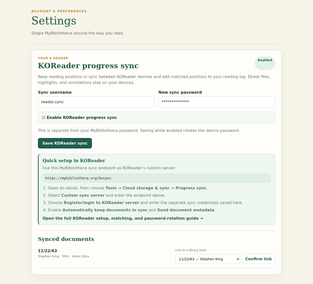MyBibliotheca Settings page showing KOReader progress sync credentials, setup instructions, and a synced document link control