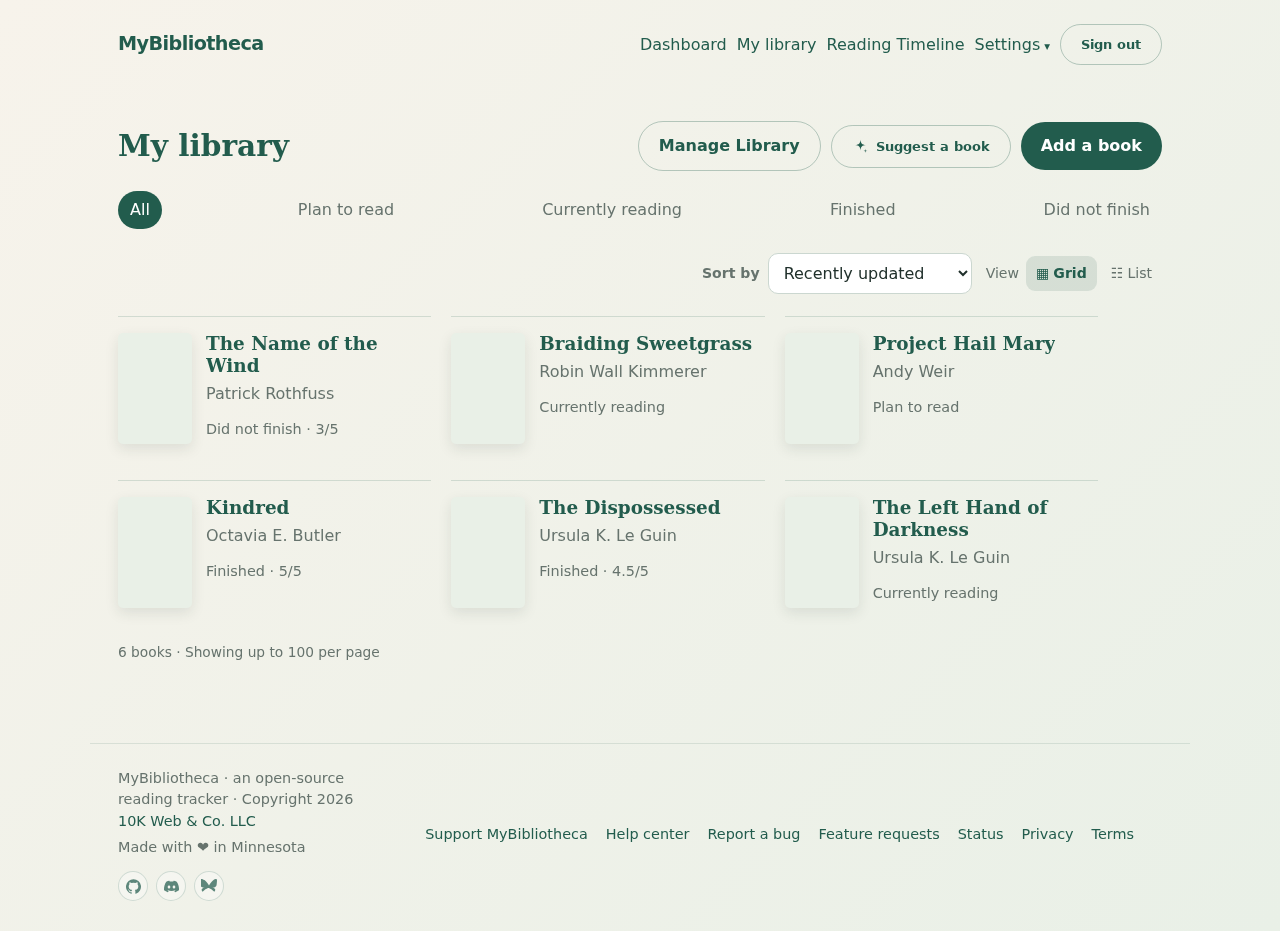 MyBibliotheca library page showing the Suggest a book action and reading shelves