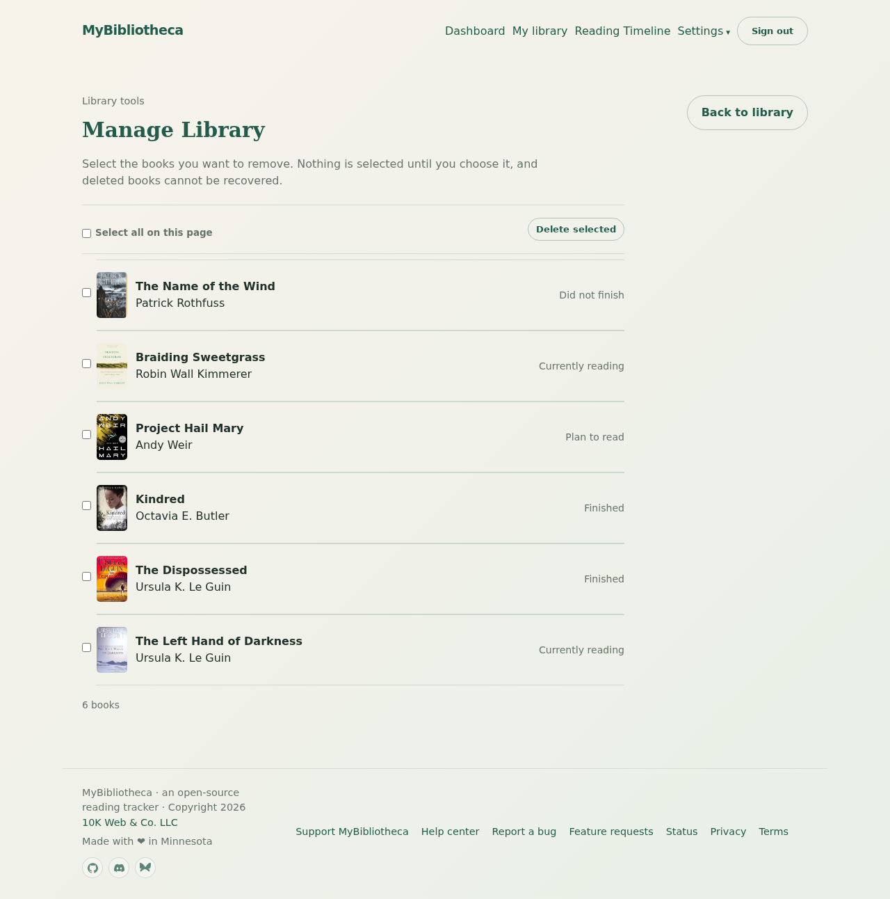 MyBibliotheca Manage Library page with book checkboxes and a Delete selected button