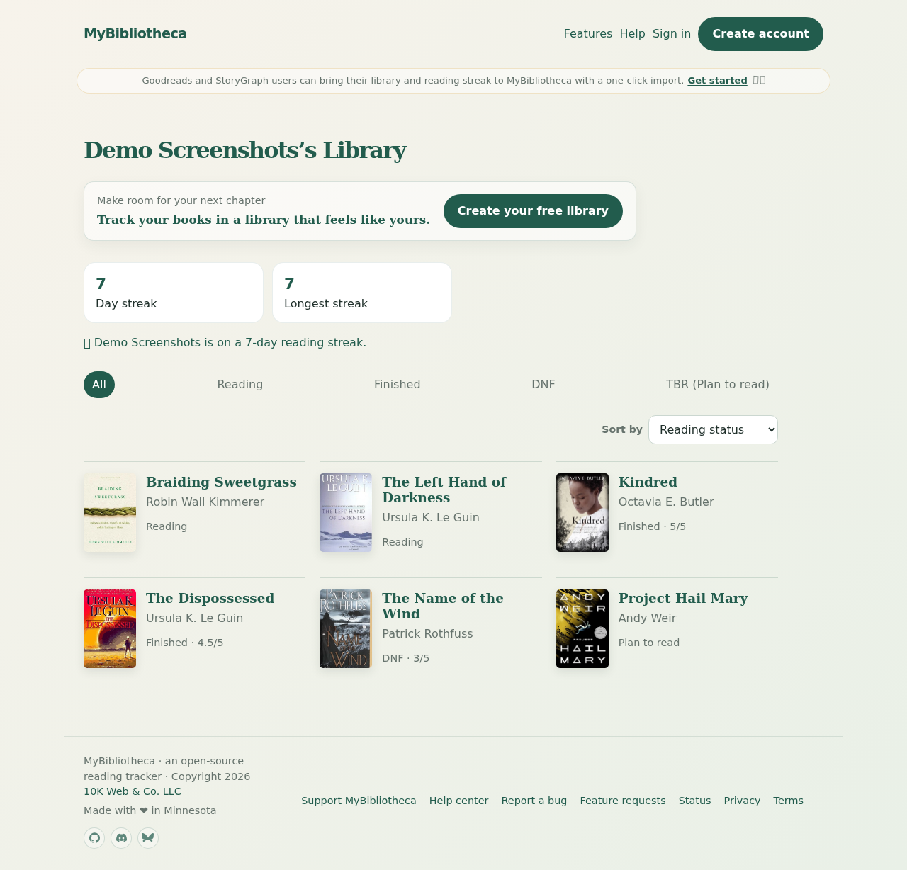 Public MyBibliotheca library page for Demo Screenshots with books, filters, ratings, and streak