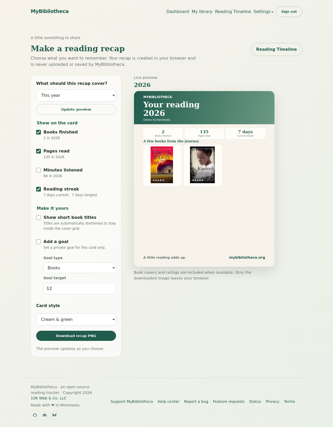 MyBibliotheca reading recap creator with options and a rendered 2026 preview