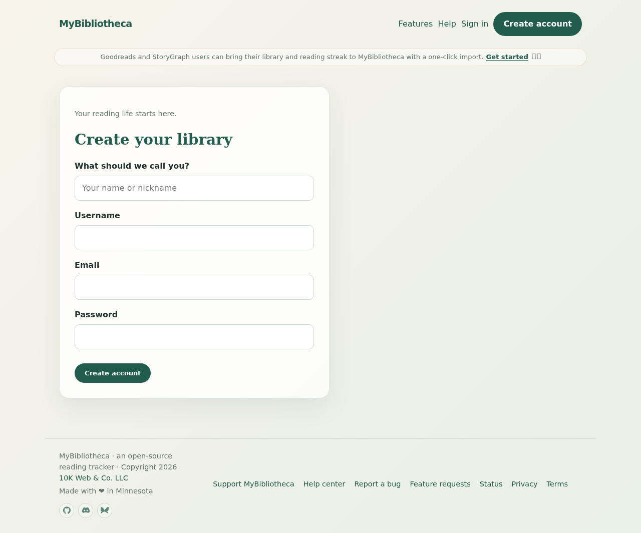 MyBibliotheca Create your library form with display name, username, email, and password fields