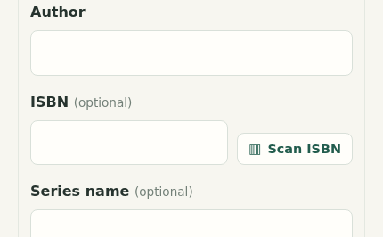 MyBibliotheca manual book form with the ISBN field and Scan ISBN button