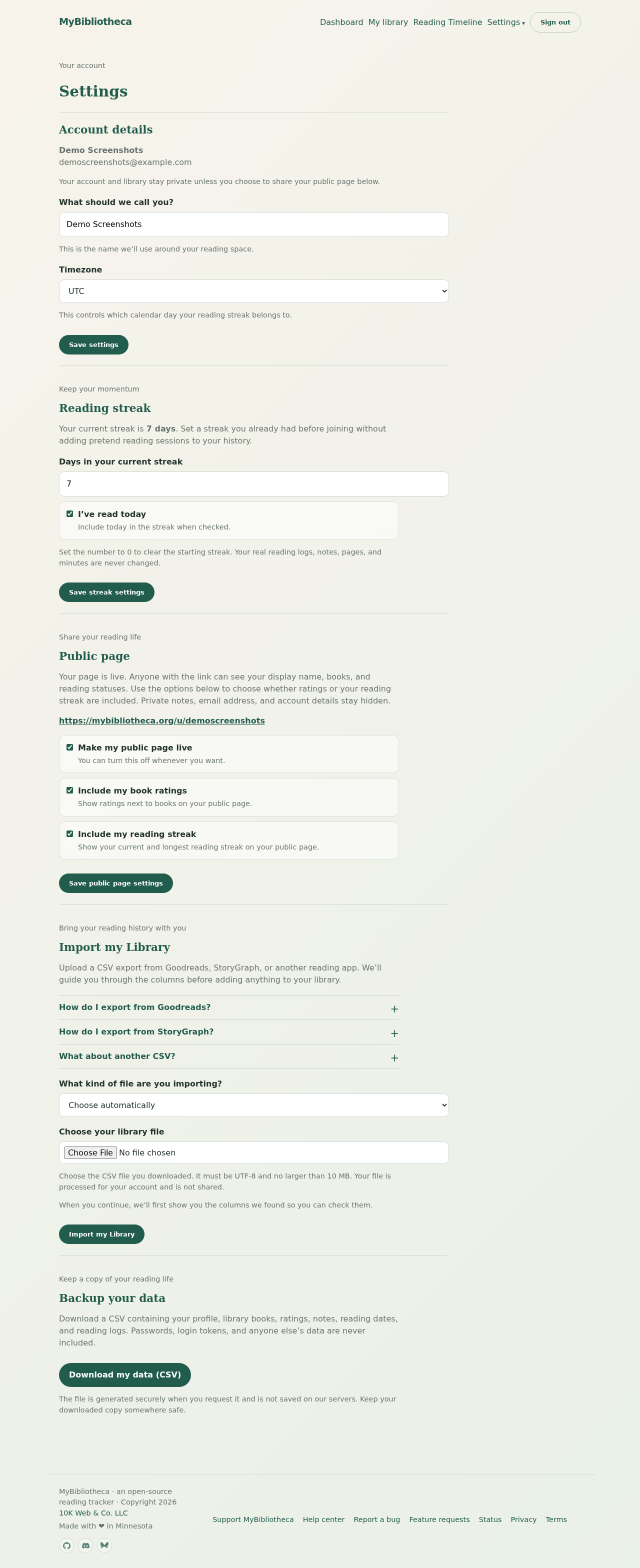 MyBibliotheca Settings page showing streak, public page, CSV import, and data export sections