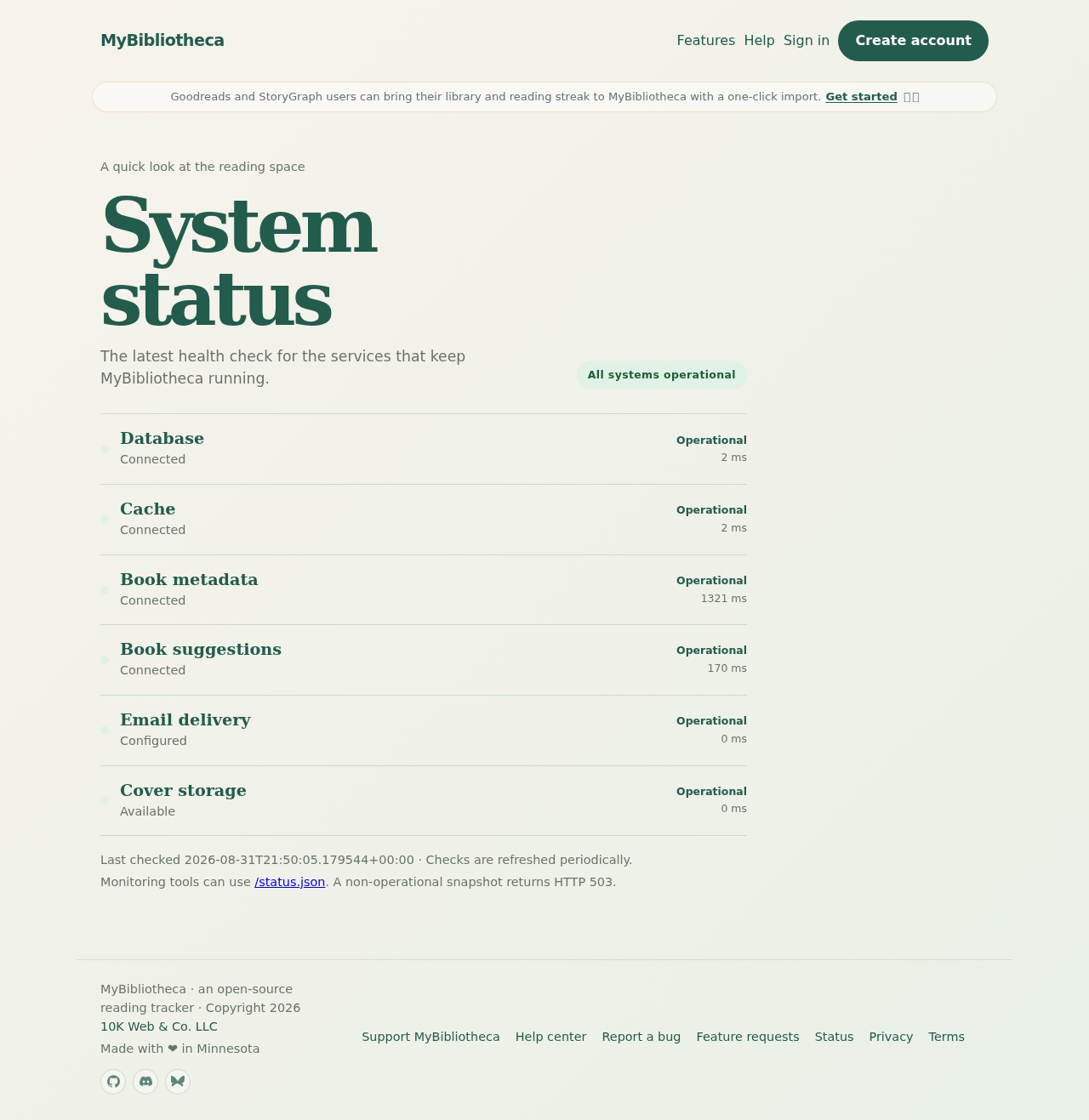 MyBibliotheca System status page showing database, cache, metadata, suggestions, email, and cover storage health