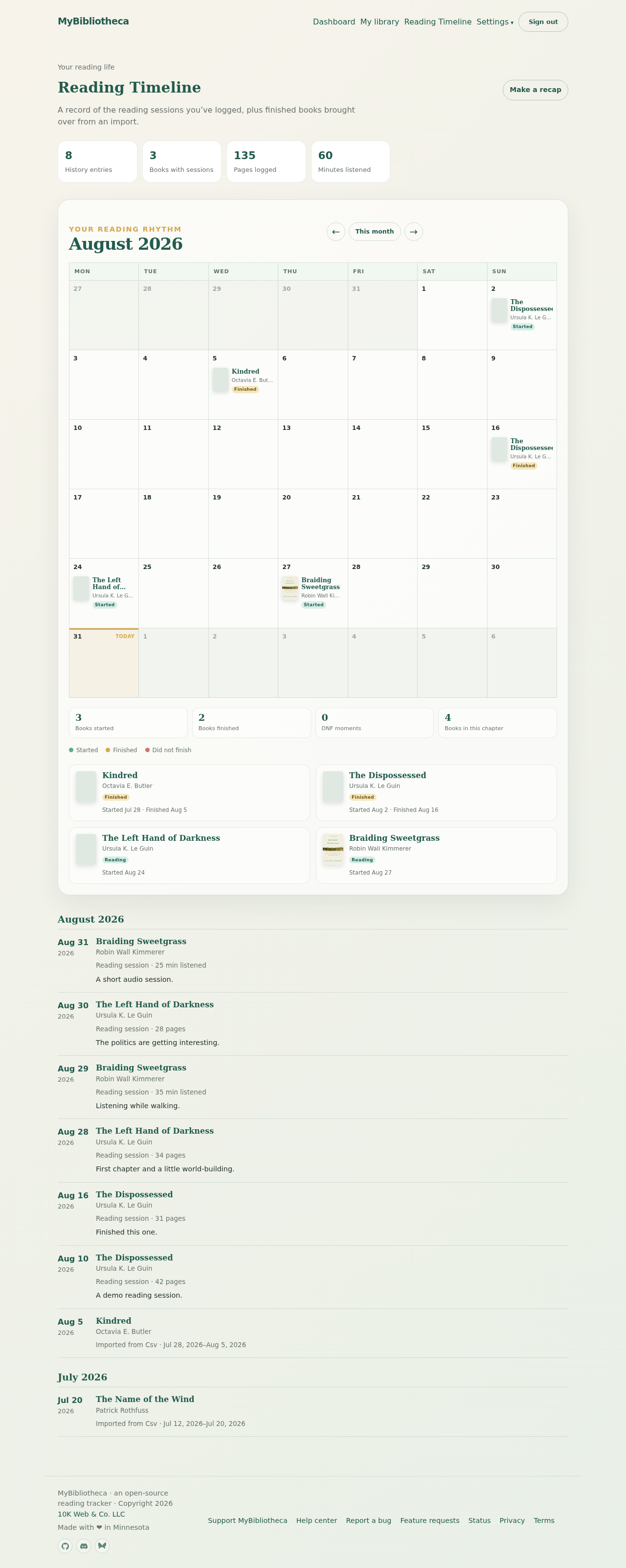 MyBibliotheca Reading Timeline calendar with monthly book events marked as Started and Finished
