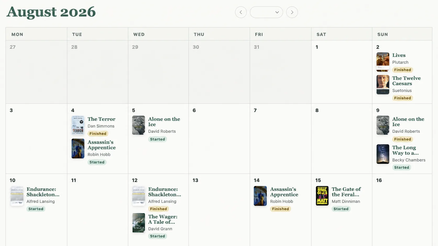 Monthly Reading Timeline calendar with book covers and reading milestones