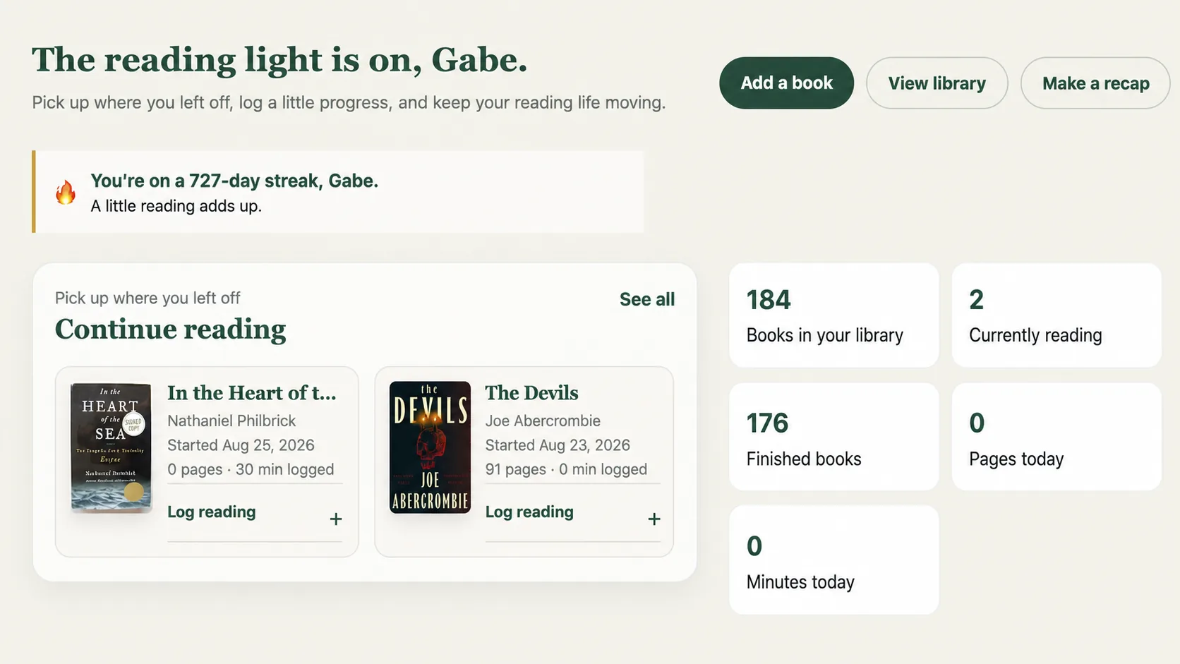 MyBibliotheca dashboard showing reading progress and recent activity