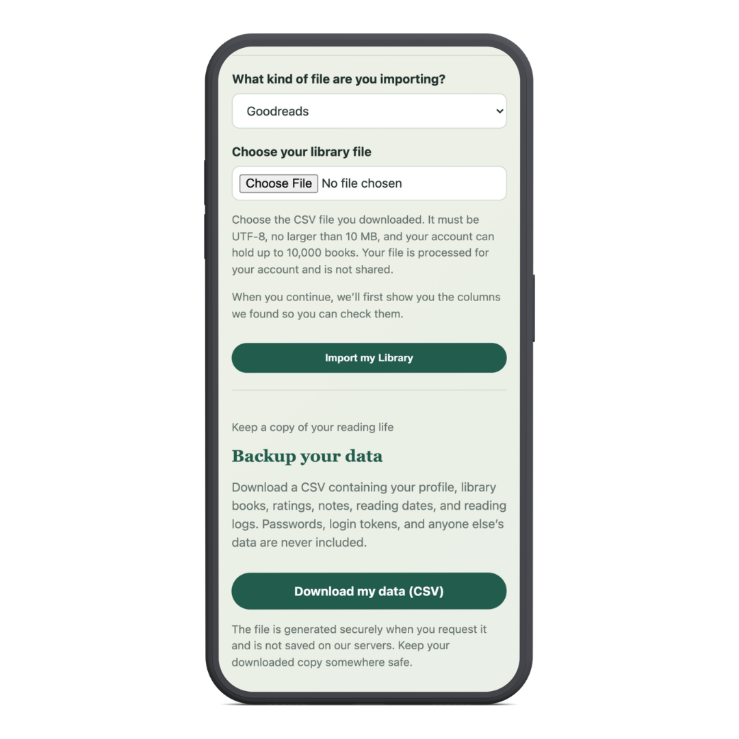 MyBibliotheca data import and backup screen for keeping your library portable