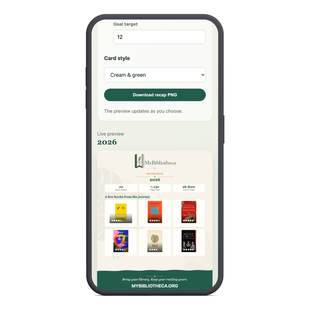 MyBibliotheca custom reading recap card creator with a live preview