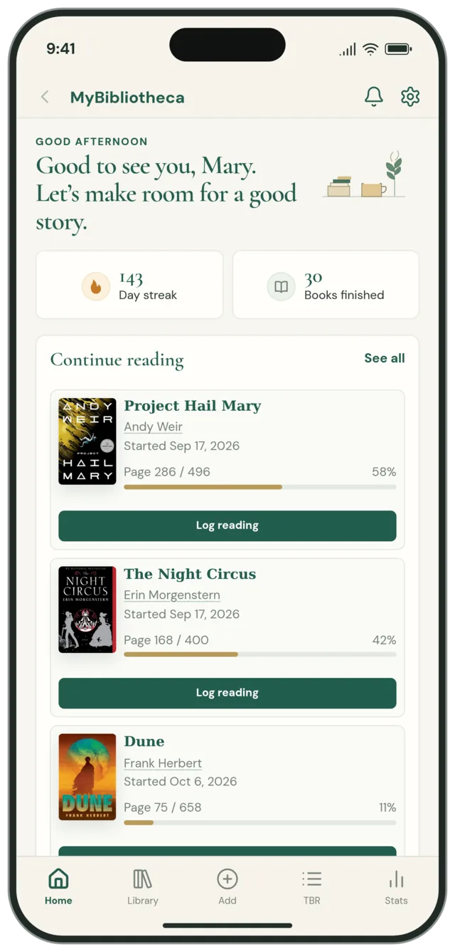 MyBibliotheca dashboard showing Mary’s 143-day streak, current books, and reading progress