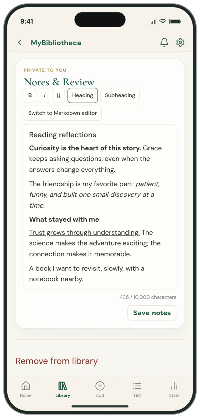 Private Project Hail Mary reading notes with bold, italic, underline, and heading formatting