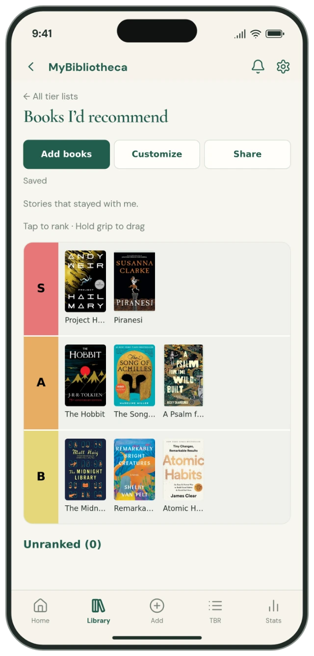 Phone showing real books arranged in S, A, and B tiers