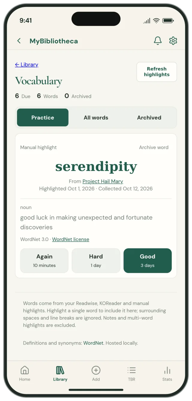 Vocabulary practice for serendipity, showing its definition and Again, Hard, and Good recall choices
